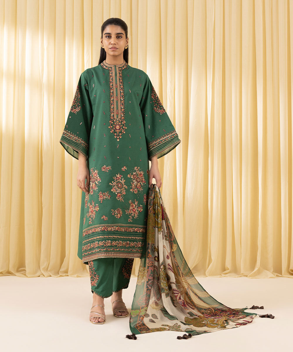 Unstitched Women's Green Textured Lawn 3 Piece Suit