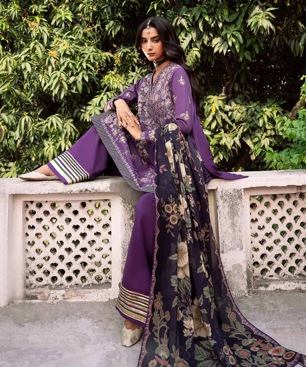 Unstitched Women's Purple Textured Lawn 3 Piece Suit