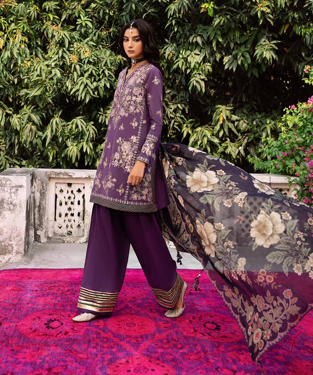 Unstitched Women's Purple Textured Lawn 3 Piece Suit