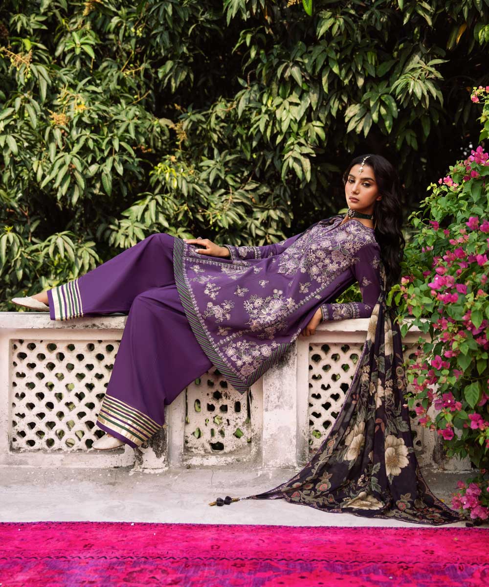 Unstitched Women's Purple Textured Lawn 3 Piece Suit