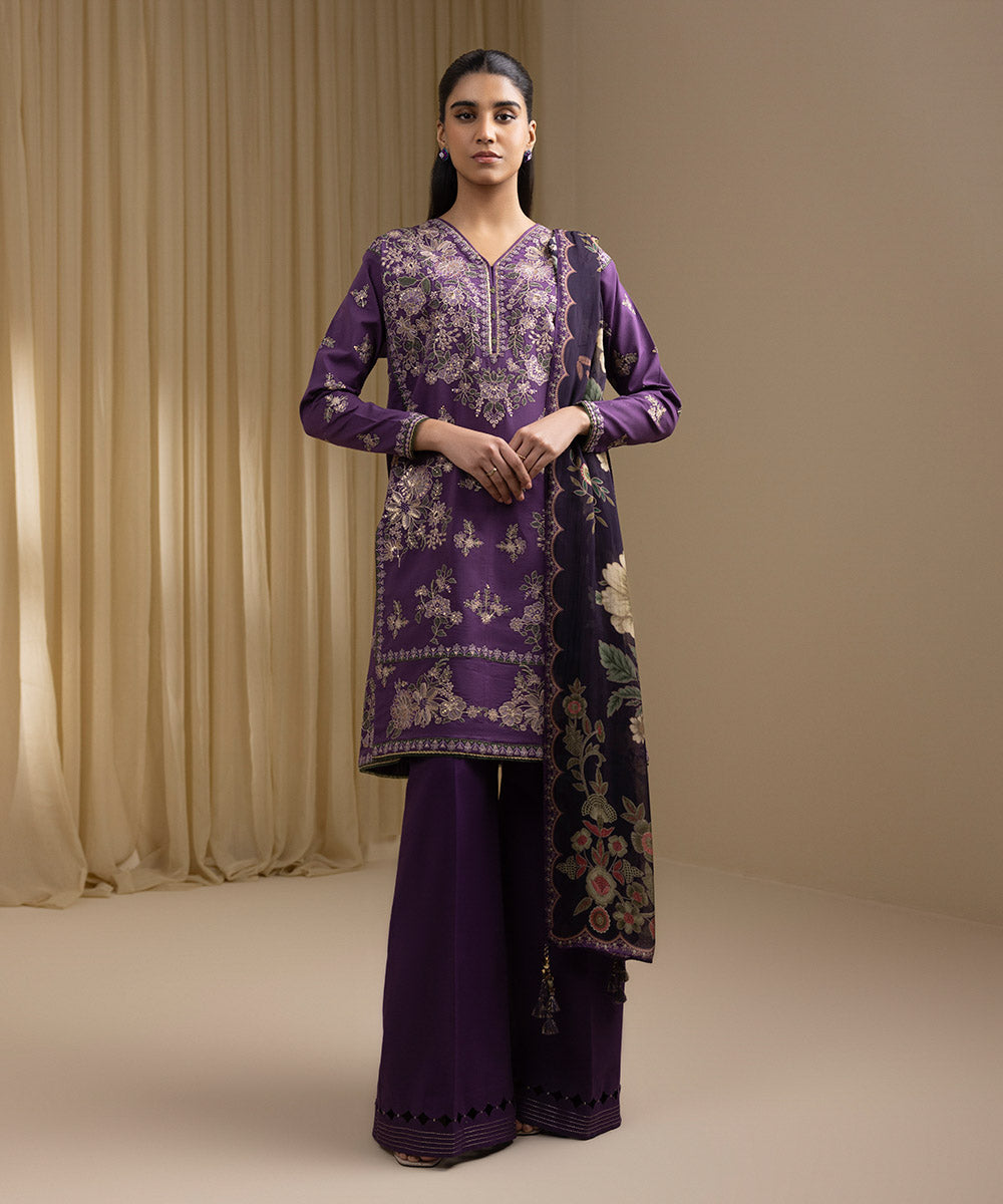 Unstitched Women's Purple Textured Lawn 3 Piece Suit