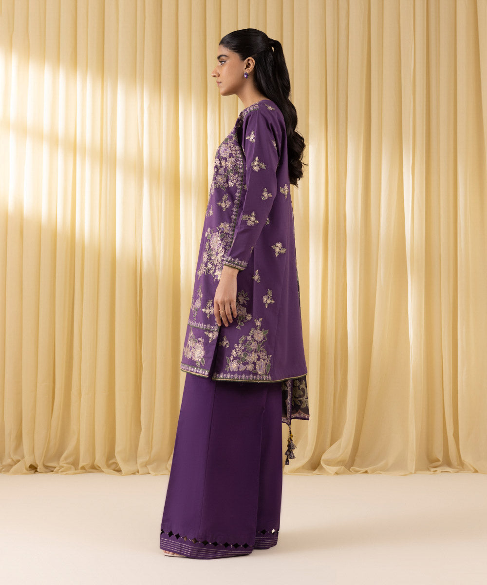 Unstitched Women's Purple Textured Lawn 3 Piece Suit