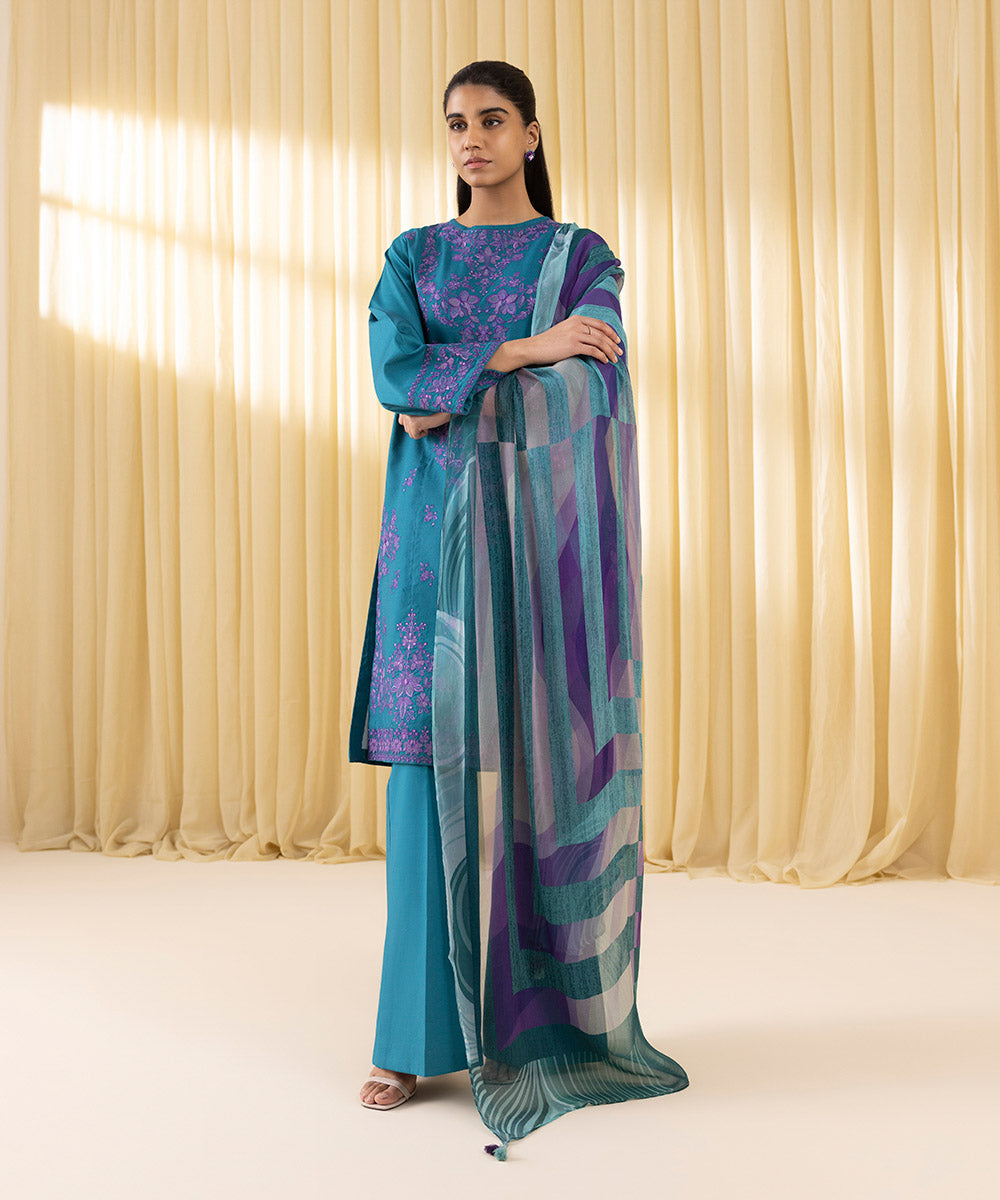 Unstitched Women's Blue Cotton Satin 3 Piece Suit