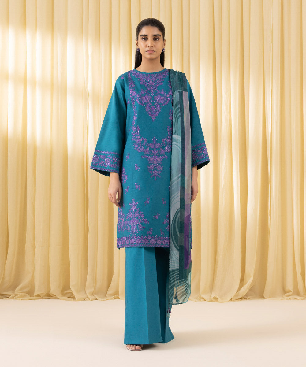 Unstitched Women's Blue Cotton Satin 3 Piece Suit