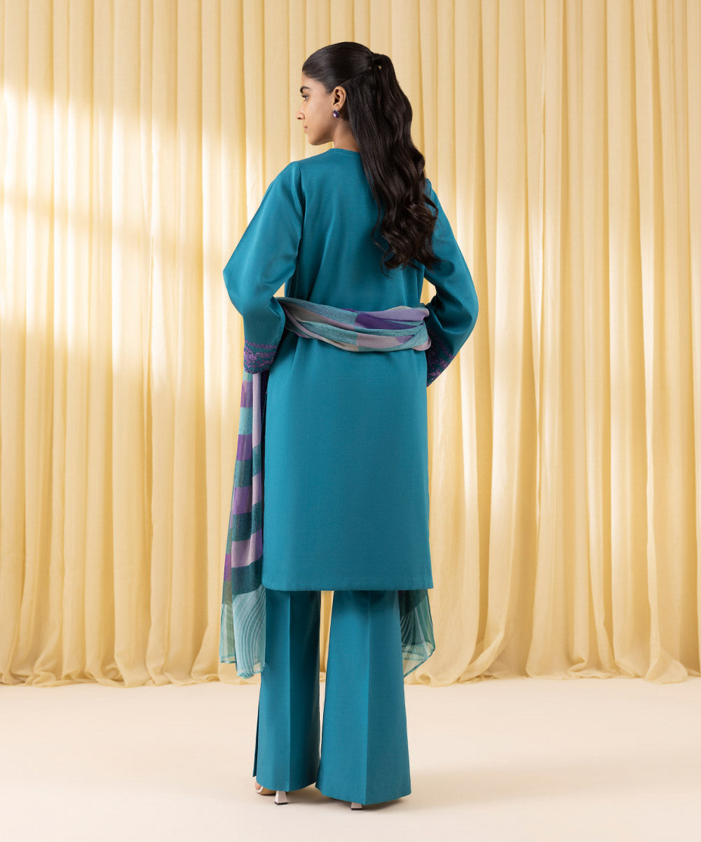 Unstitched Women's Blue Cotton Satin 3 Piece Suit