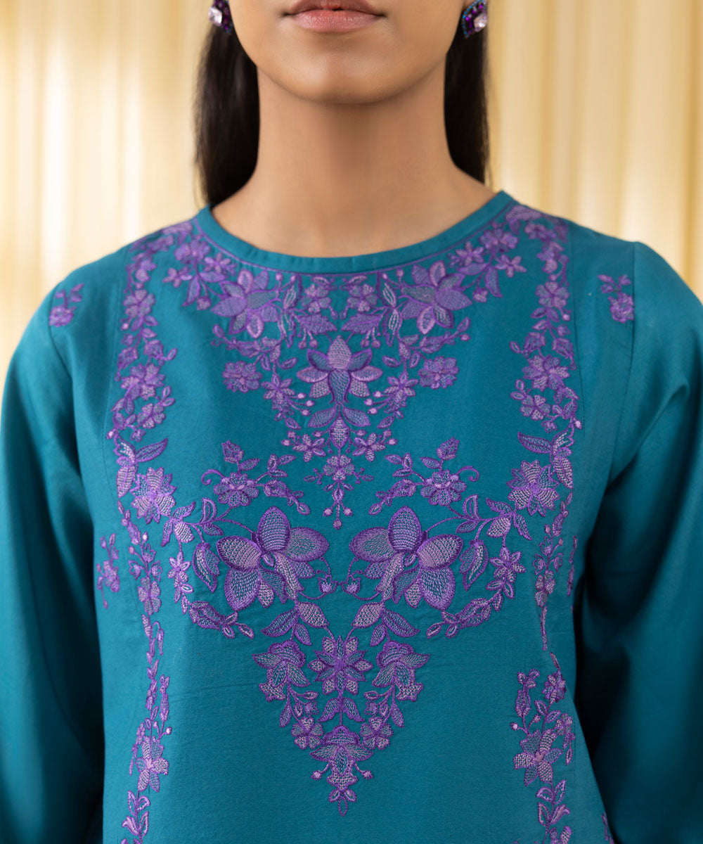 Unstitched Women's Blue Cotton Satin 3 Piece Suit