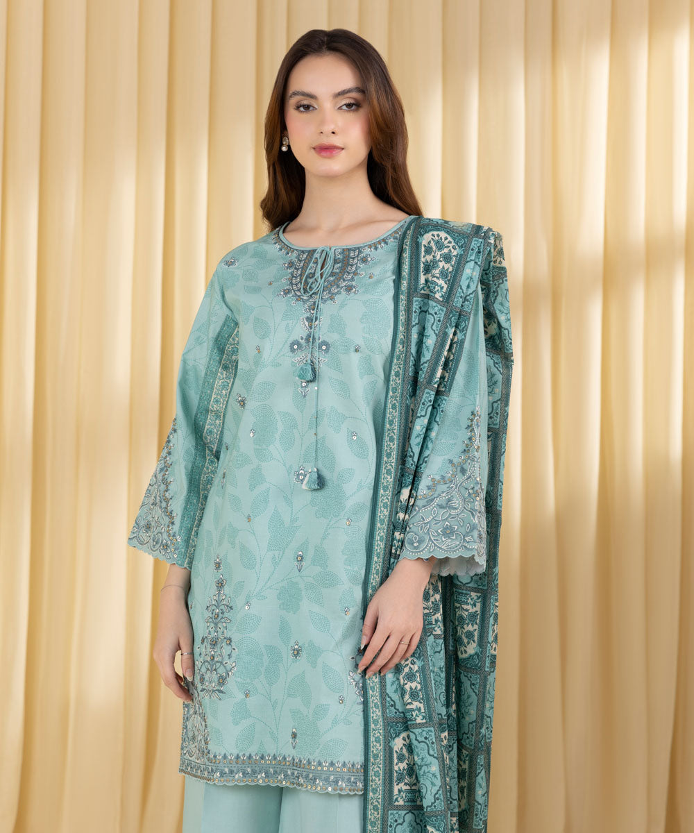 Unstitched Women's Green Lawn 3 Piece Suit