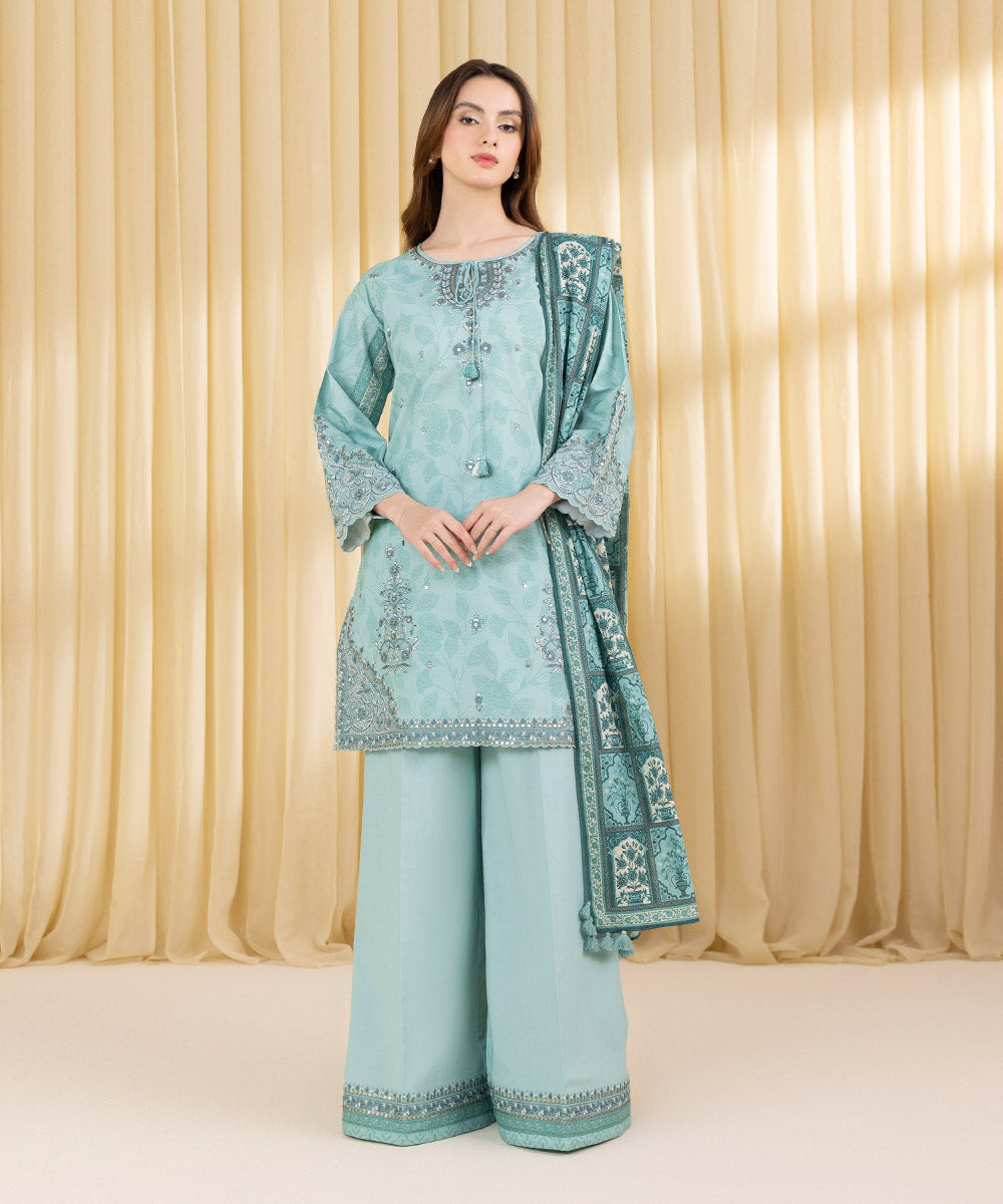 Unstitched Women's Green Lawn 3 Piece Suit