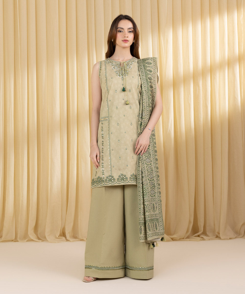 Unstitched Women's Green Lawn 3 Piece Suit