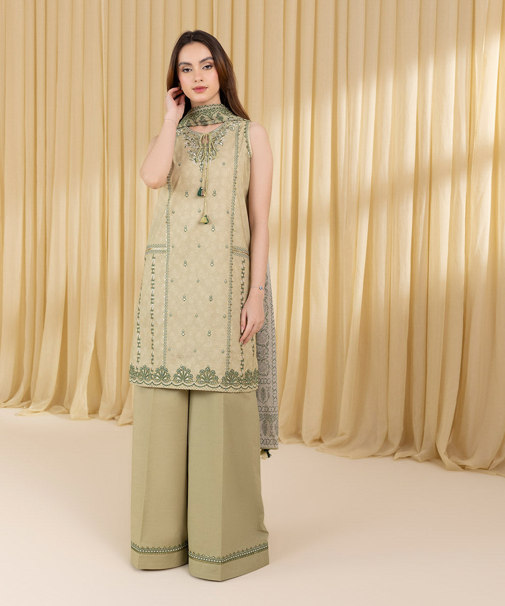 Unstitched Women's Green Lawn 3 Piece Suit
