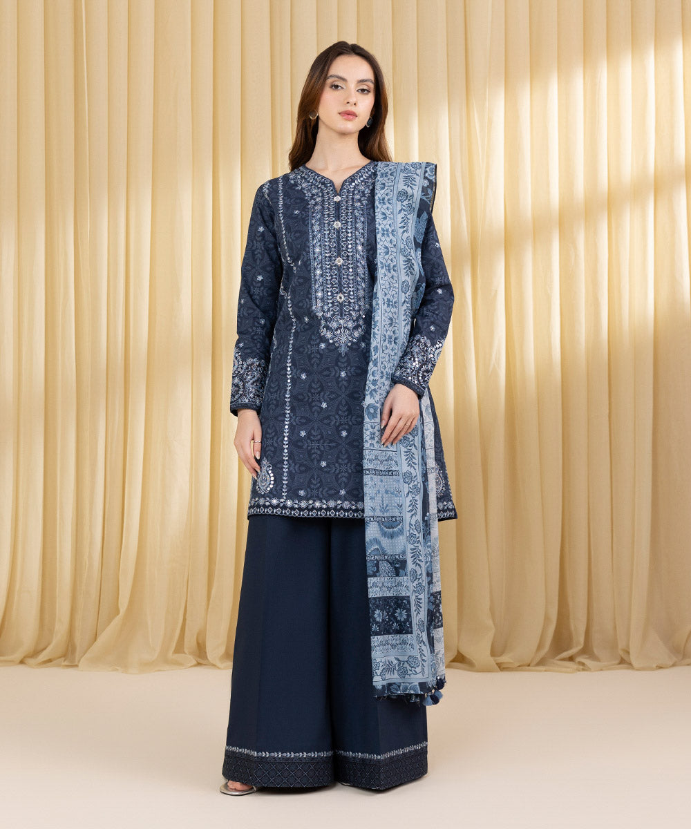 Unstitched Women's Blue Lawn 3 Piece Suit