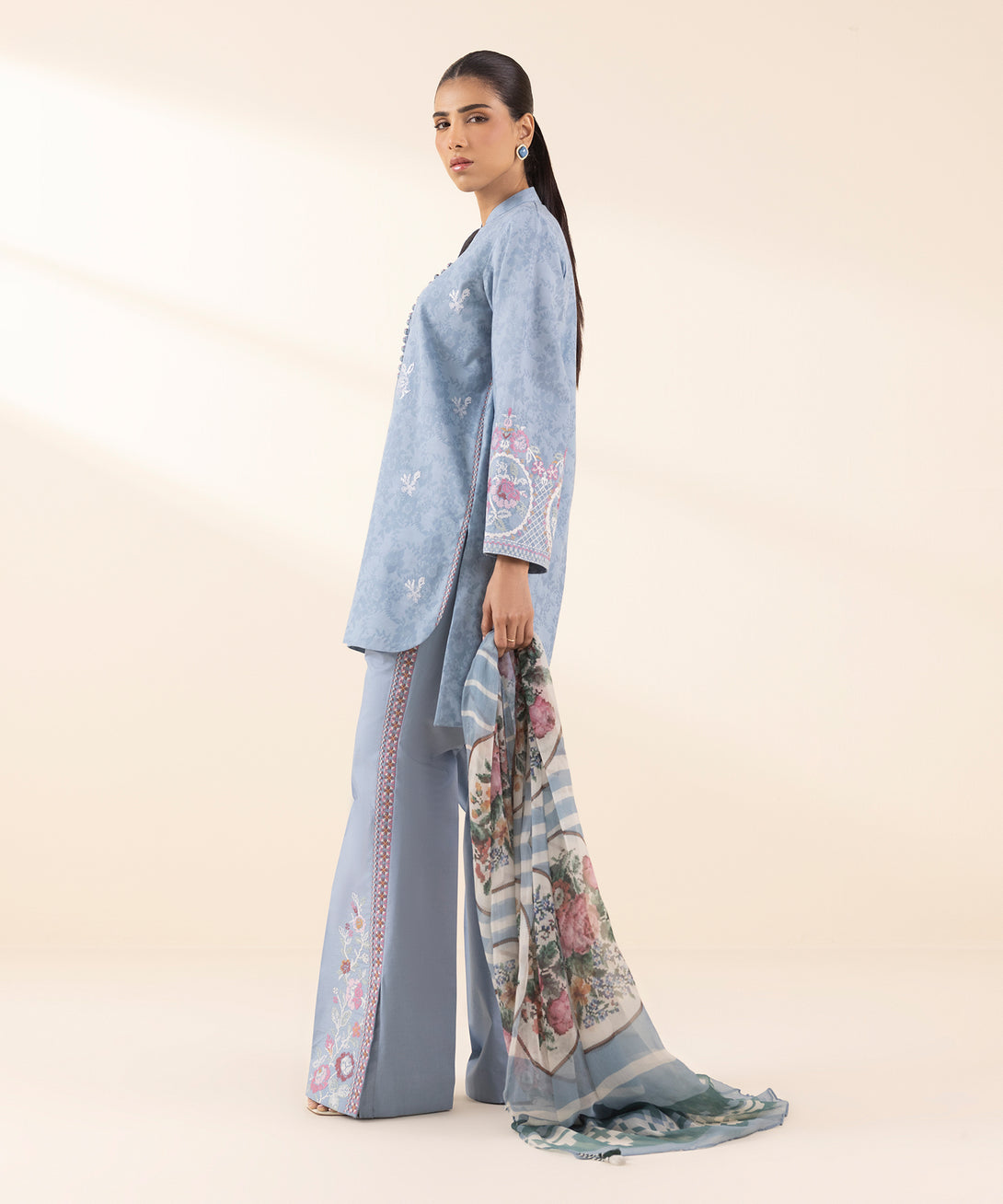 Women's Unstitched Cotton Jacquard Embroidered Blue 3 Piece Suit