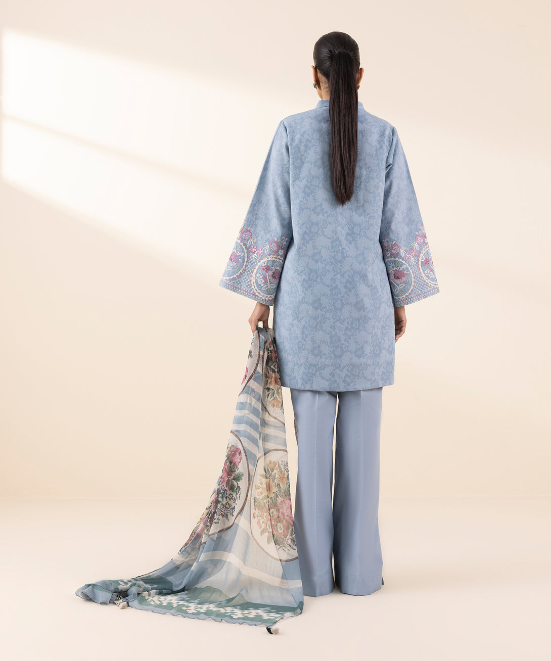 Women's Unstitched Cotton Jacquard Embroidered Blue 3 Piece Suit