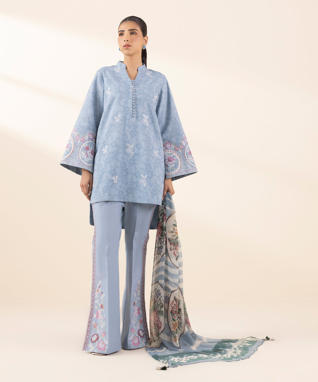Women's Unstitched Cotton Jacquard Embroidered Blue 3 Piece Suit