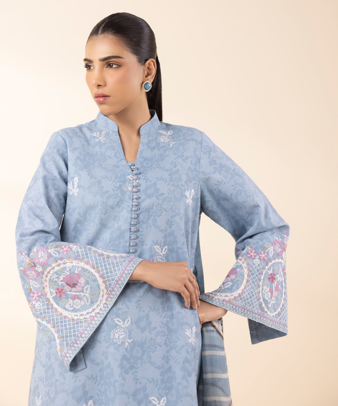 Women's Unstitched Cotton Jacquard Embroidered Blue 3 Piece Suit