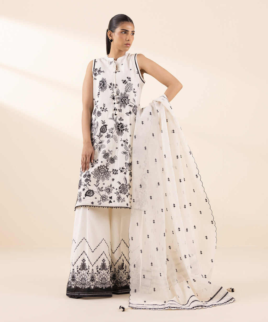Women's Unstitched Cotton Jacquard Embroidered Off White 3 Piece Suit