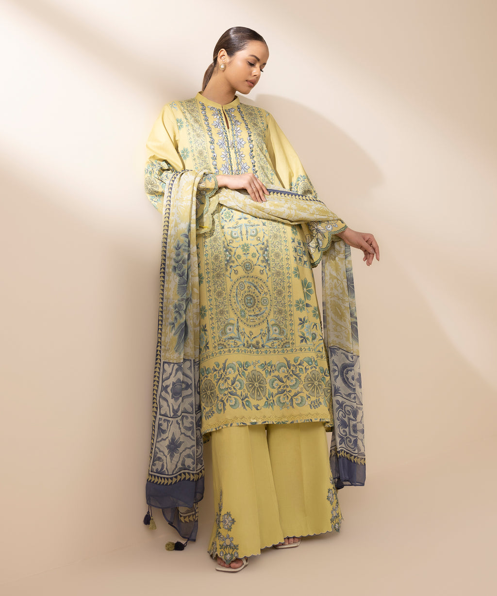 Women's Unstitched Lawn Embroidered Yellow 3 Piece Suit