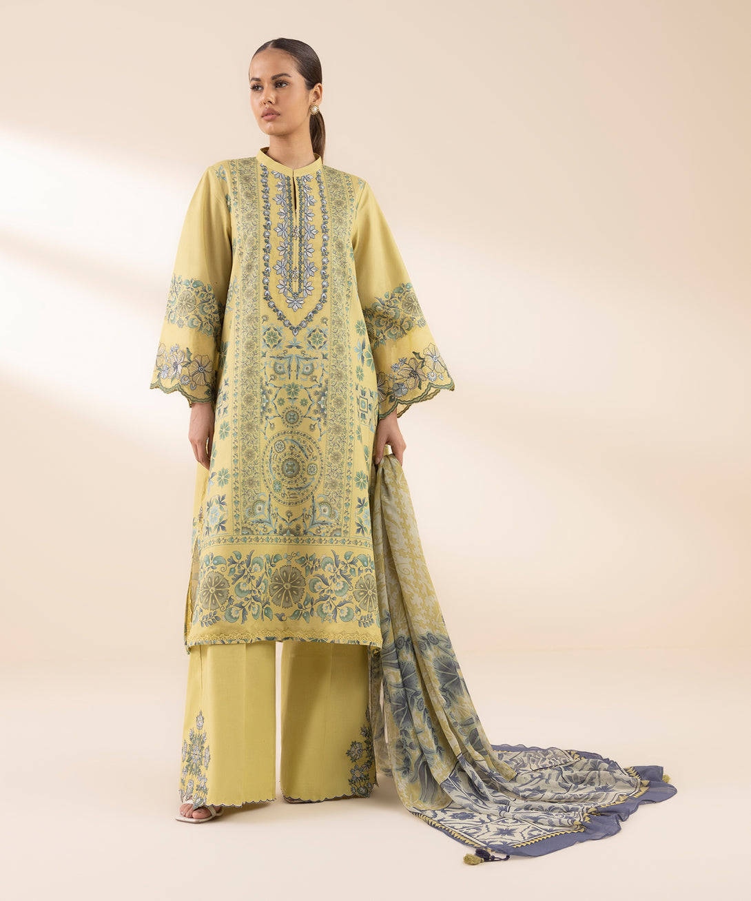 Women's Unstitched Lawn Embroidered Yellow 3 Piece Suit