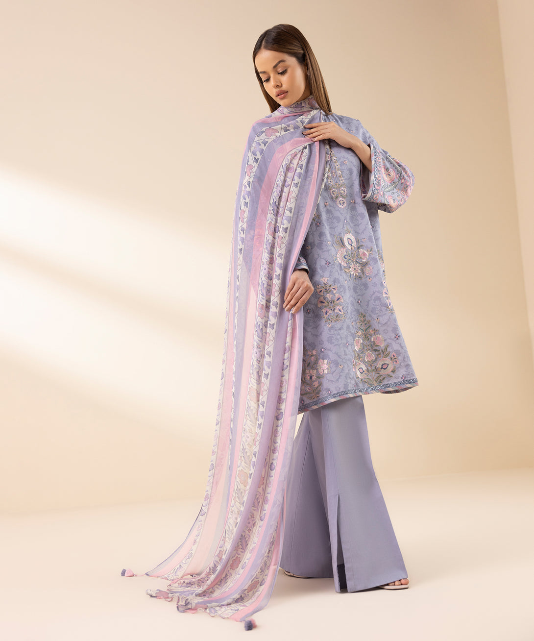 Women's Unstitched Lawn Embroidered Grey 3 Piece Suit