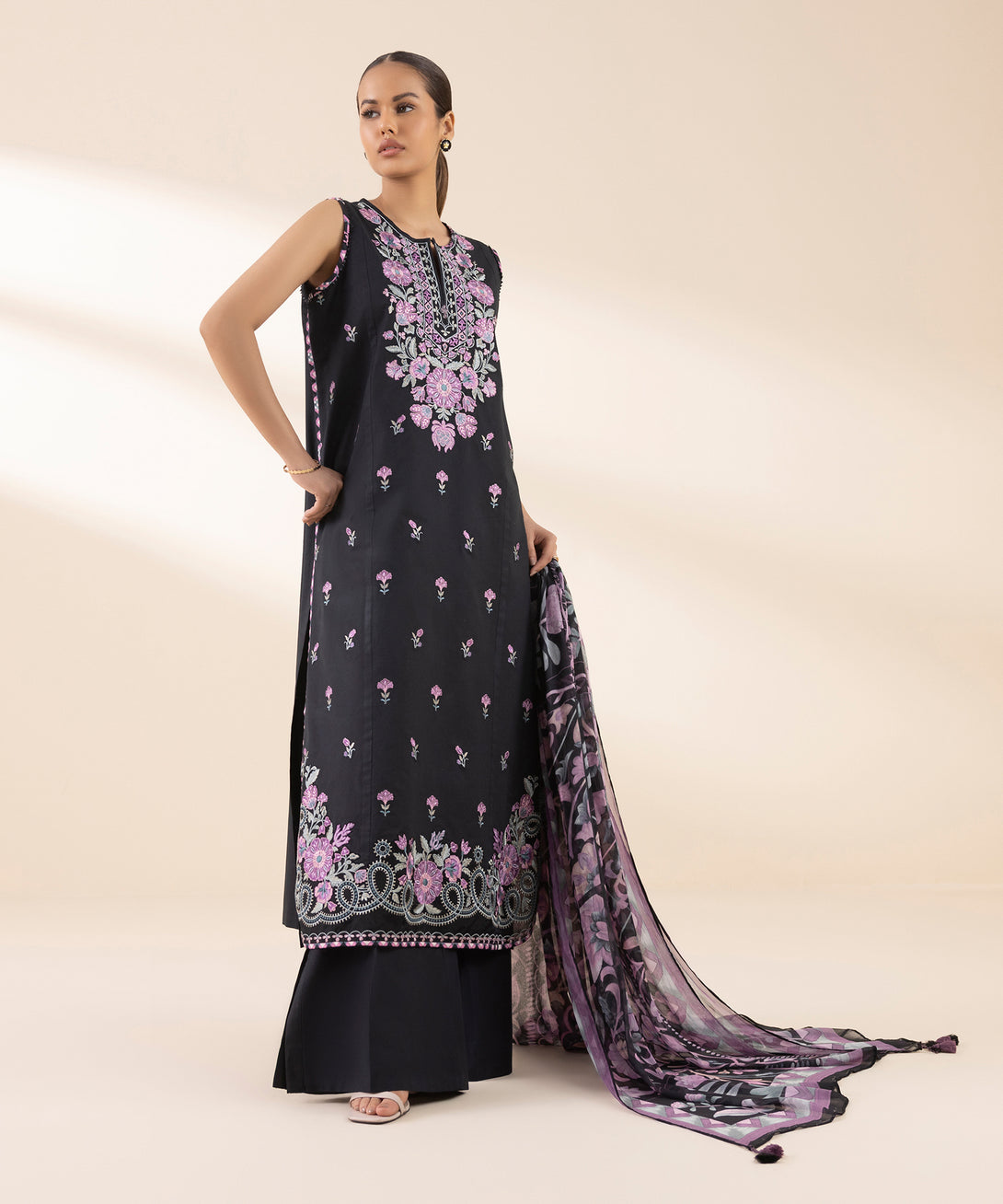 Women's Unstitched Textured Lawn Embroidered Black 3 Piece Suit