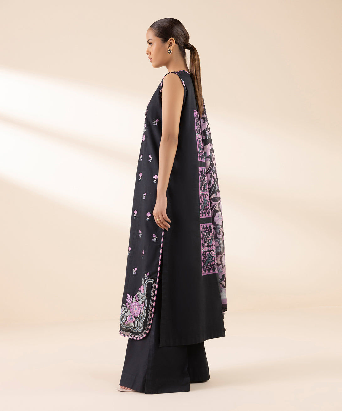 Women's Unstitched Textured Lawn Embroidered Black 3 Piece Suit