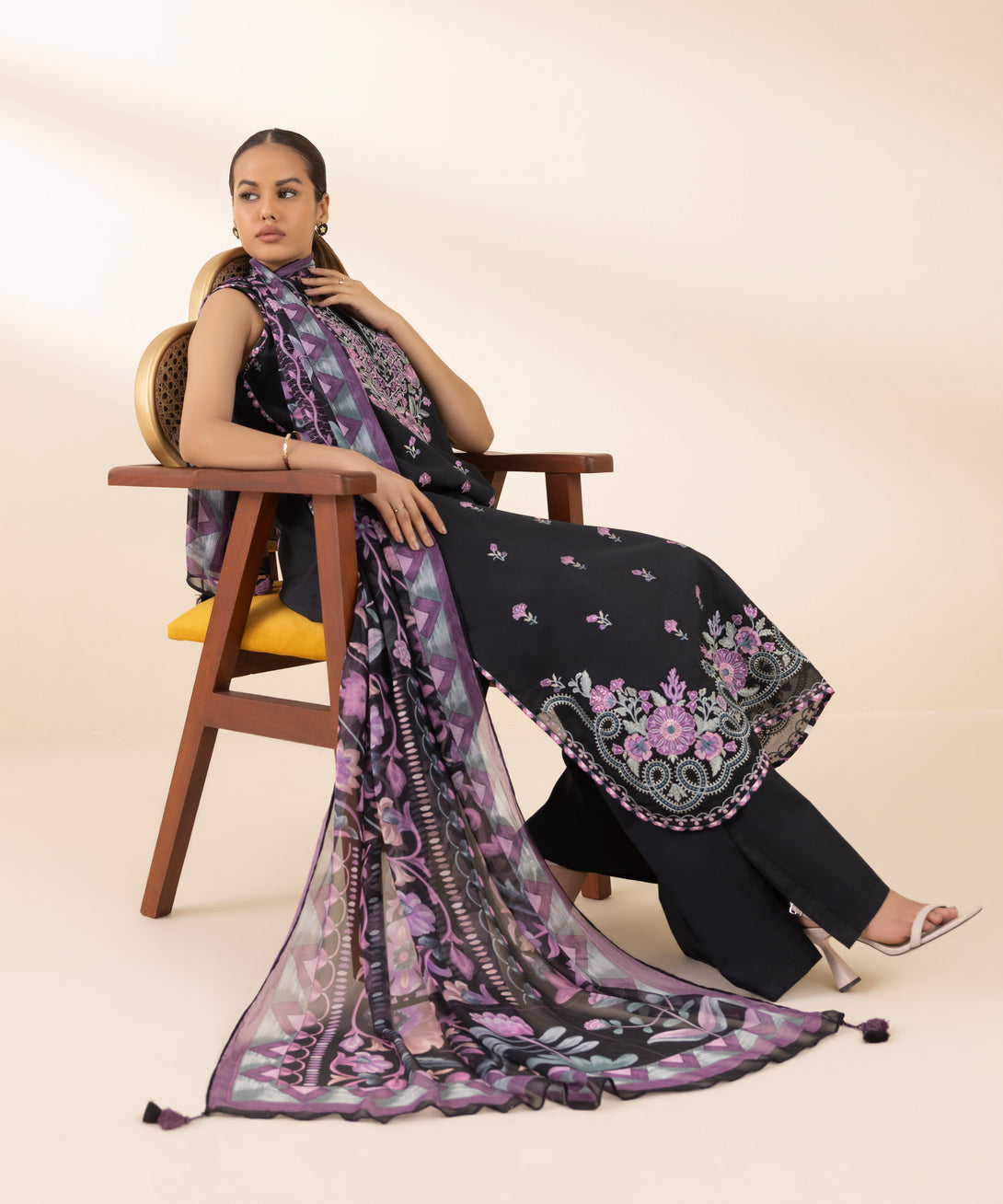 Women's Unstitched Textured Lawn Embroidered Black 3 Piece Suit