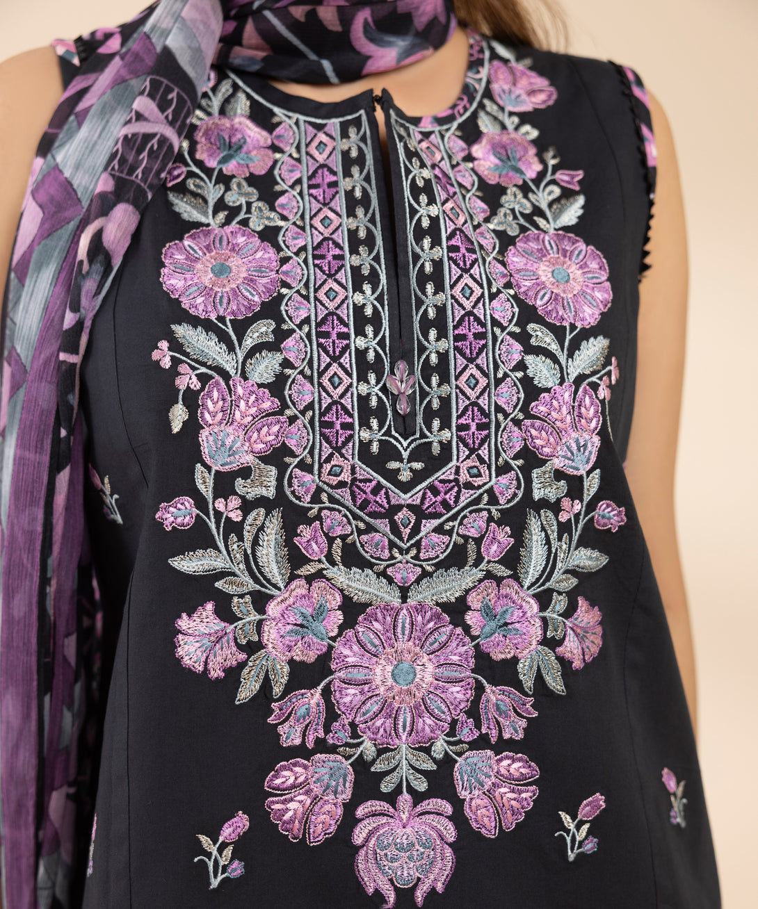 Women's Unstitched Textured Lawn Embroidered Black 3 Piece Suit