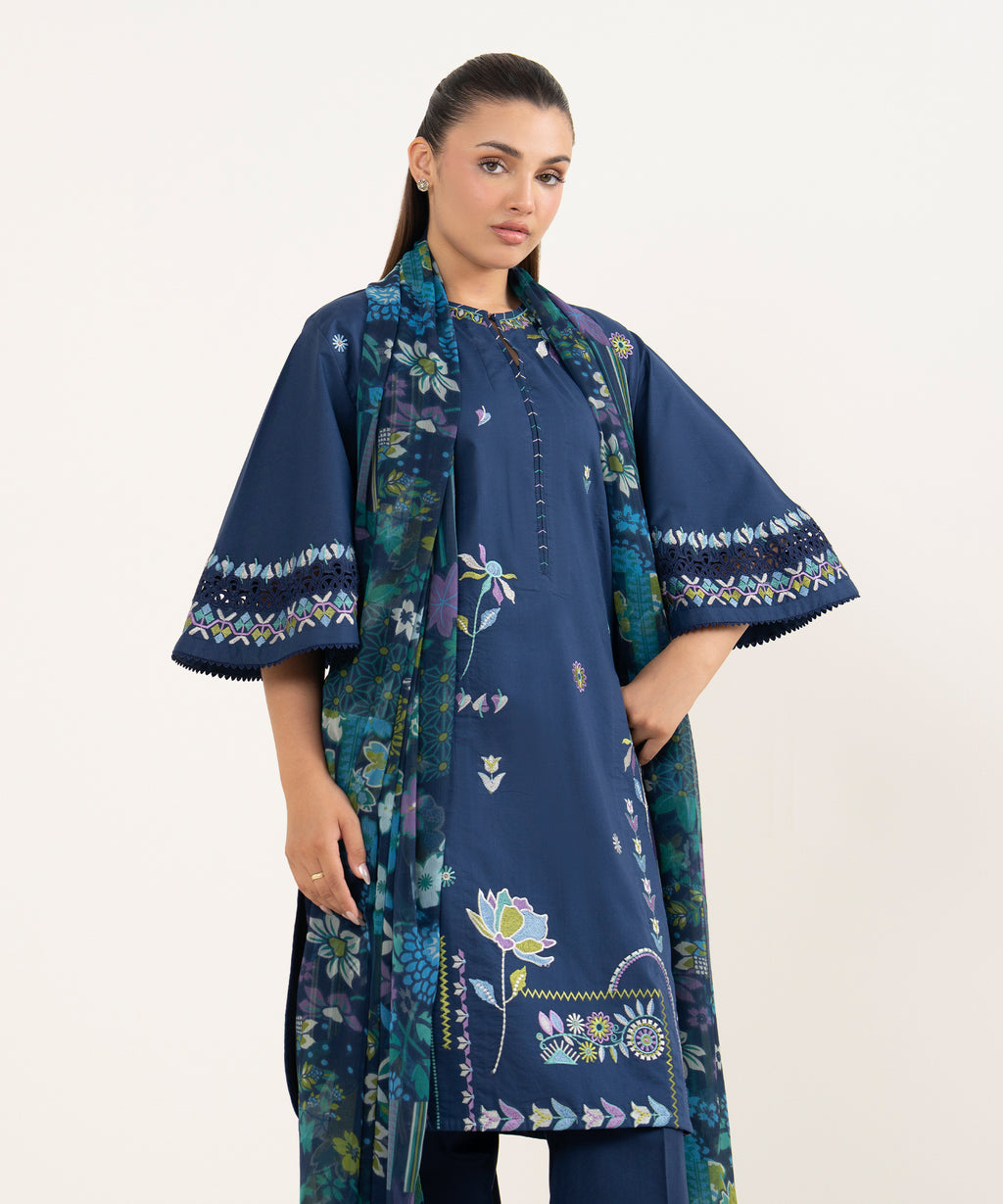 Women's Unstitched Lawn Embroidered Blue Two Piece Suit