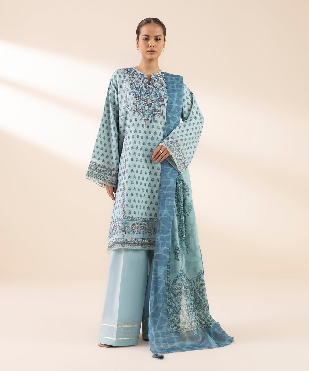 Women's Unstitched Zari Lawn Embroidered Blue 3 Piece Suit