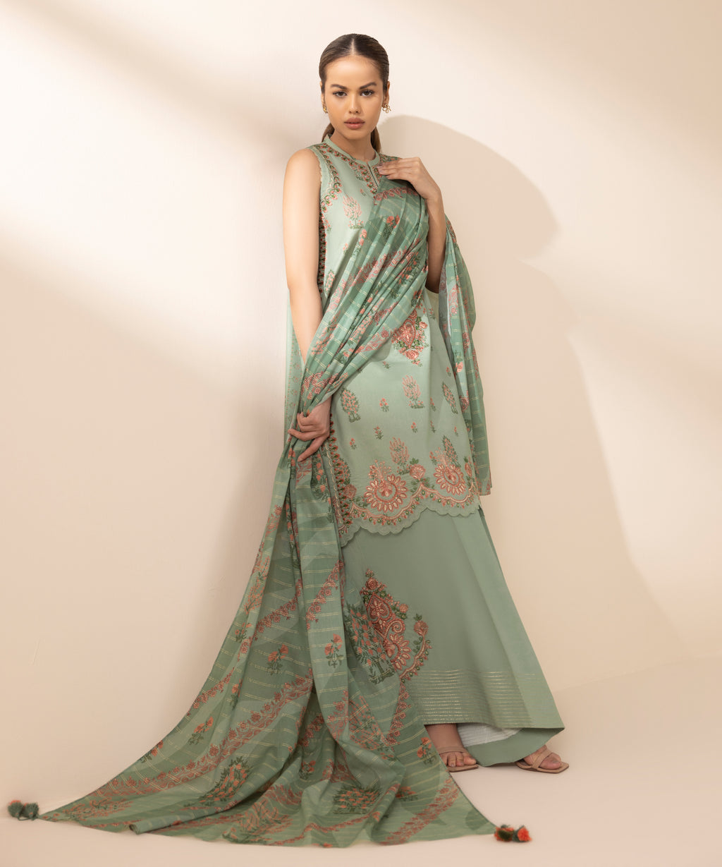 Women's Unstitched Zari Lawn Embroidered Grey 3 Piece Suit