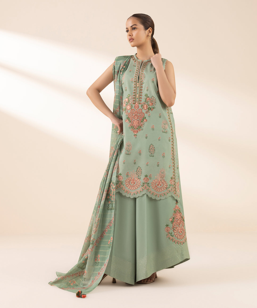 Women's Unstitched Zari Lawn Embroidered Grey 3 Piece Suit