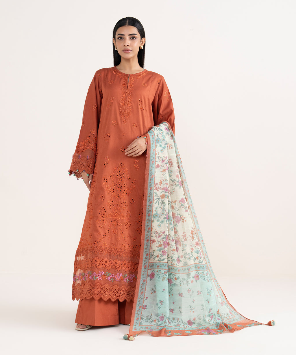 Women's Unstitched Fine Cotton Satin Embroidered Orange 3 Piece Suit