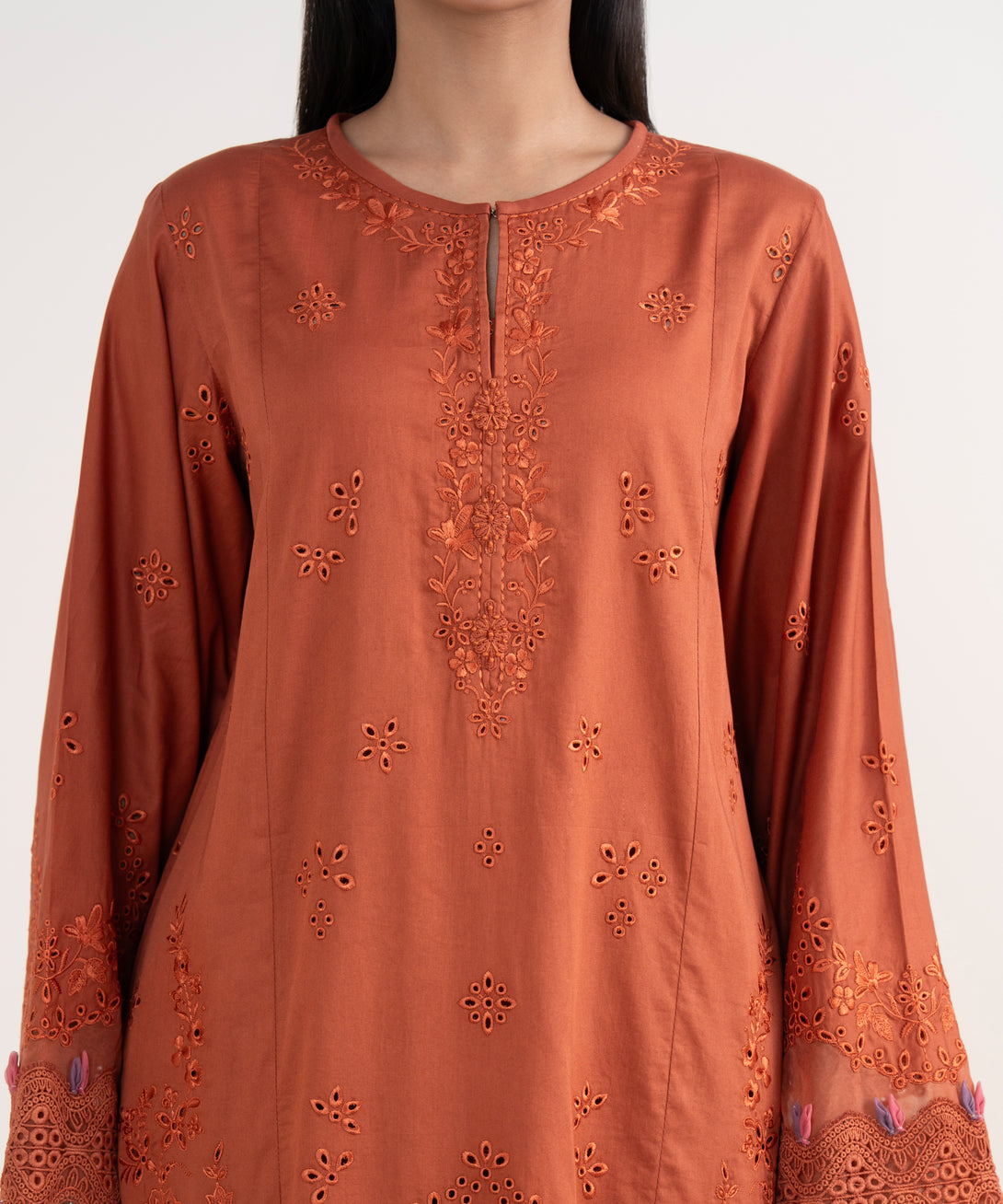Women's Unstitched Fine Cotton Satin Embroidered Orange 3 Piece Suit