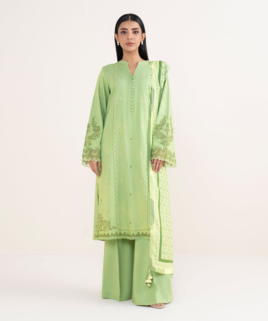 Women's Unstitched Linen Embroidered Green 3 Piece Suit