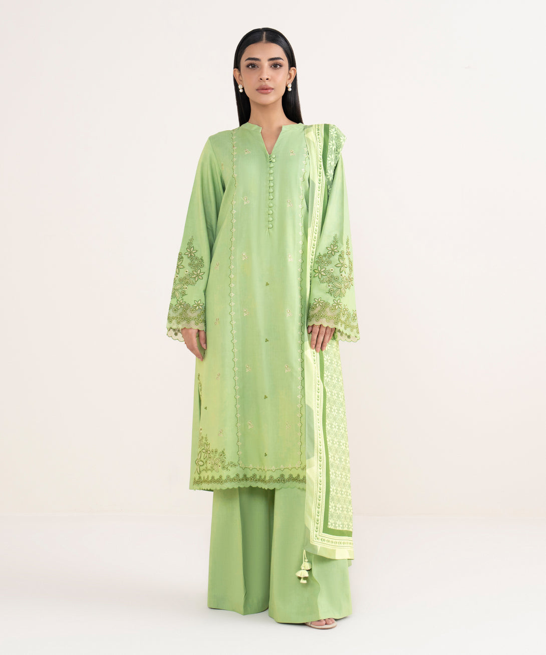 Women's Unstitched Linen Embroidered Green 3 Piece Suit