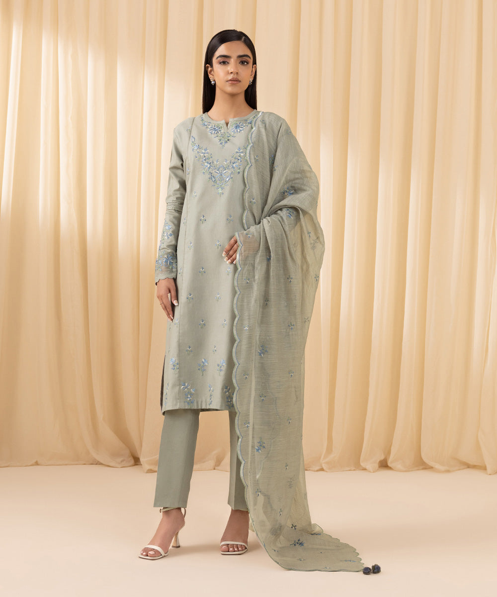 Women's Unstitched Embroidered Fine Cotton Satin Grey 3 Piece Suit