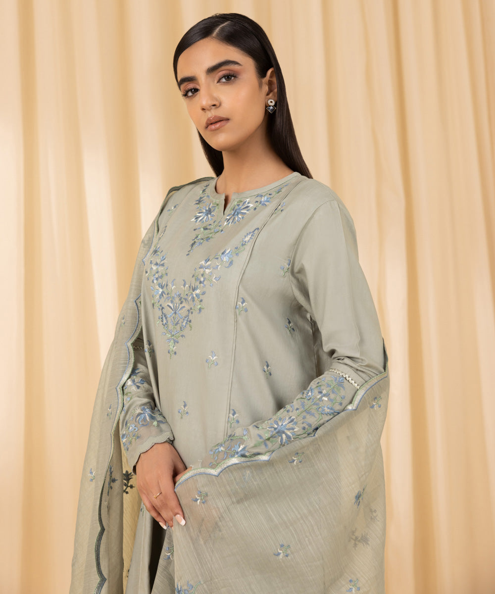 Women's Unstitched Embroidered Fine Cotton Satin Grey 3 Piece Suit