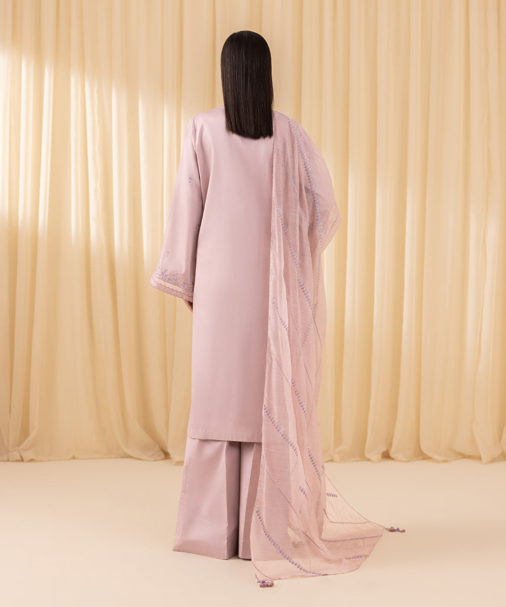 Women's Unstitched Embroidered Fine Cotton Satin Pink 3 Piece Suit