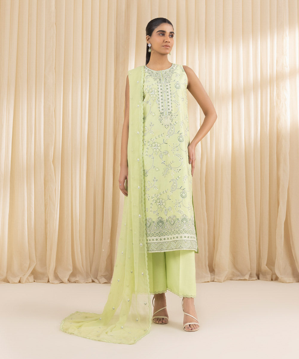 Unstitched Women's Green Cotton Net 3 Piece Suit
