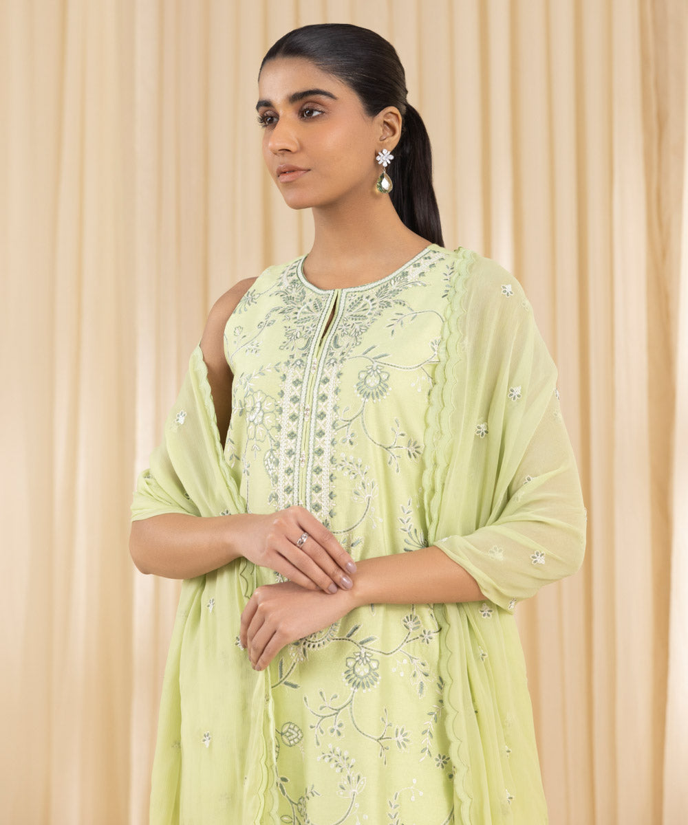 Unstitched Women's Green Cotton Net 3 Piece Suit