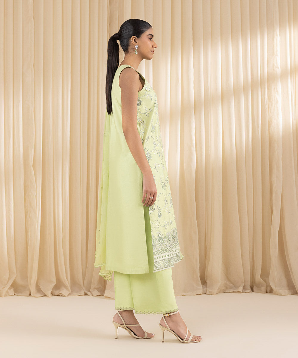 Unstitched Women's Green Cotton Net 3 Piece Suit