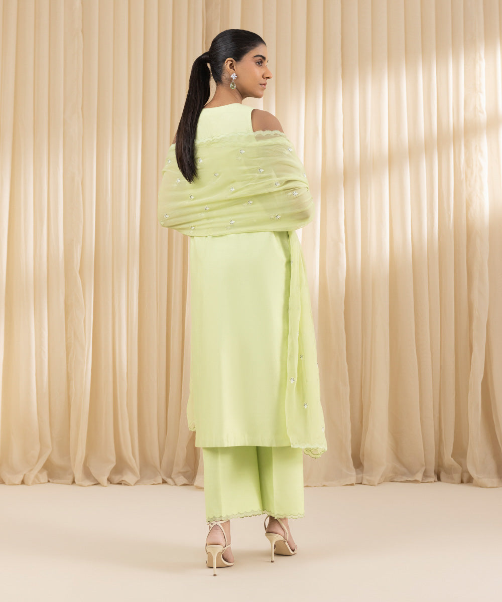 Unstitched Women's Green Cotton Net 3 Piece Suit