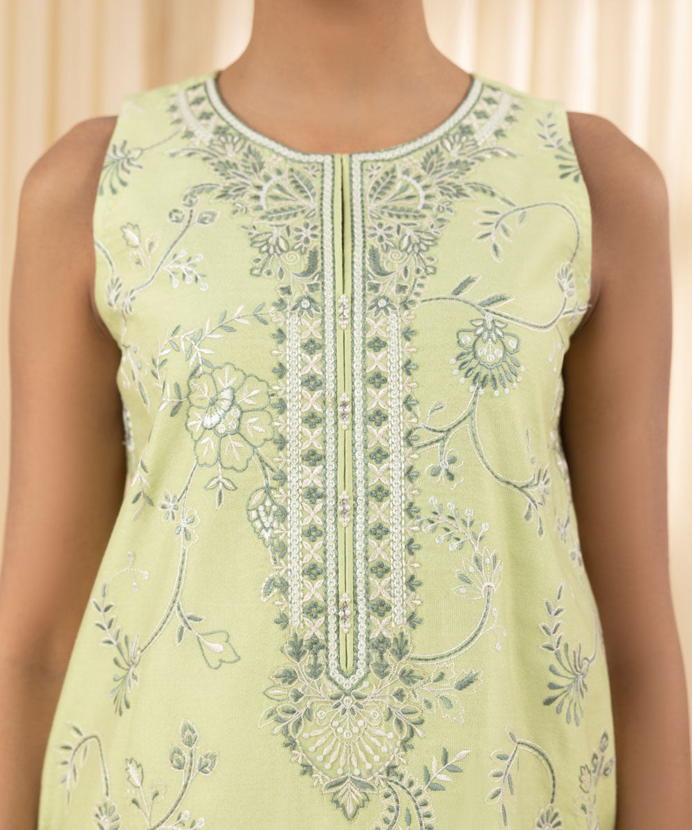 Unstitched Women's Green Cotton Net 3 Piece Suit