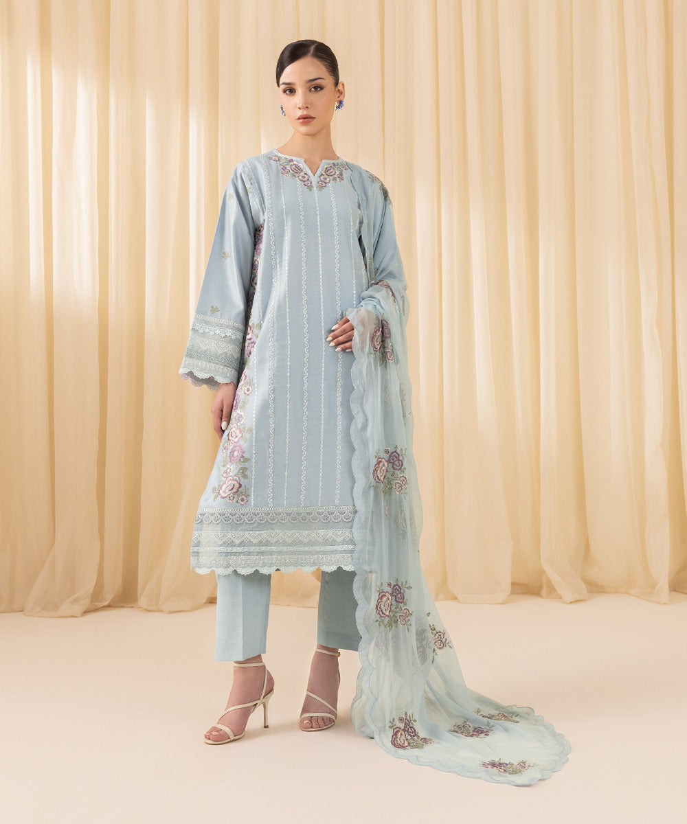 Women's Unstitched Embroidered Silk Cotton Net Blue 3 Piece Suit