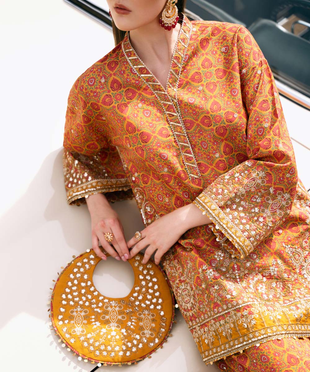 Women's Pret Viscose Raw Silk Embroidered Orange 2 Piece Suit