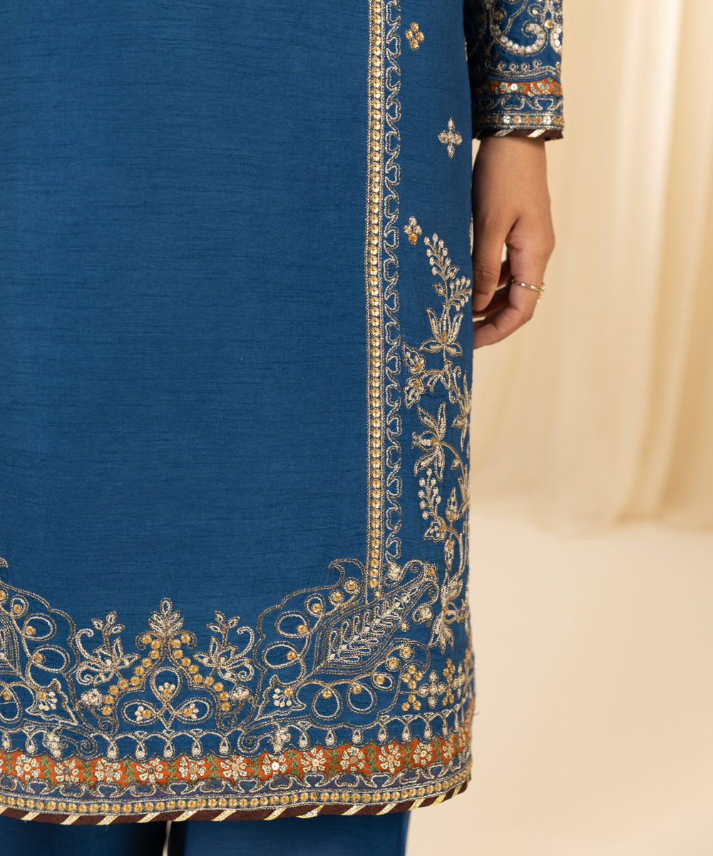 Women's Unstitched Embroidered Viscose Raw Silk Blue 3 Piece Suit