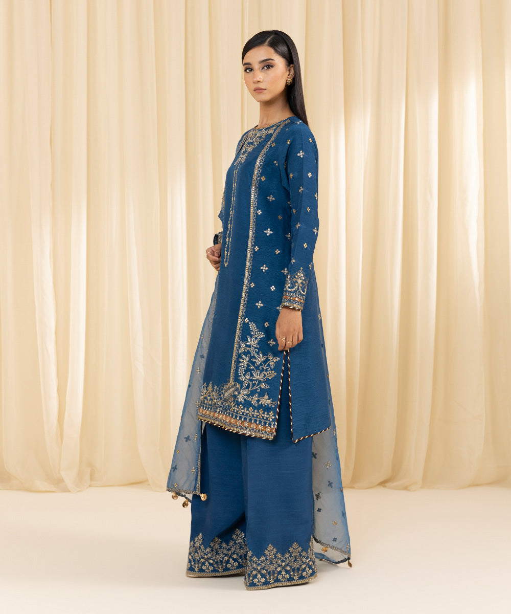 Women's Unstitched Embroidered Viscose Raw Silk Blue 3 Piece Suit