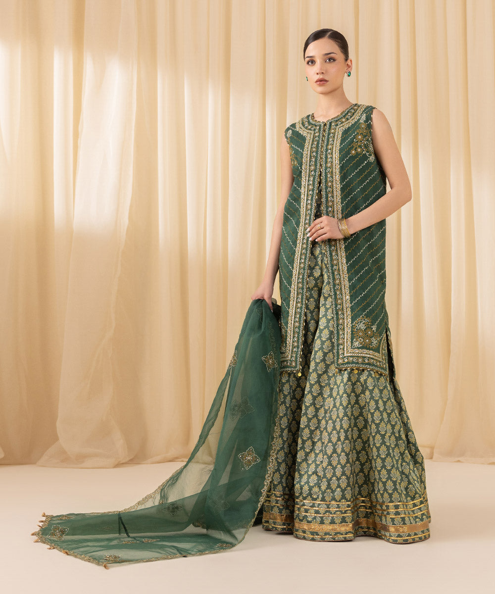 Women's Unstitched Embroidered Viscose Raw Silk Green 3 Piece Suit