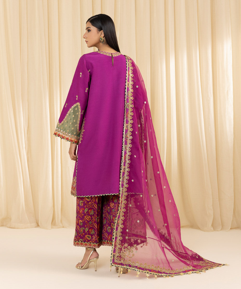 Women's Unstitched Embroidered Viscose Raw Silk Purple 3 Piece Suit