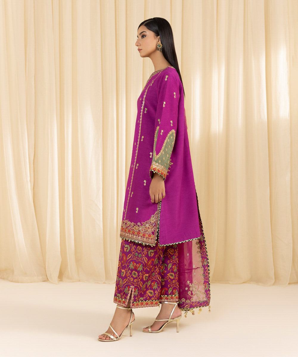 Women's Unstitched Embroidered Viscose Raw Silk Purple 3 Piece Suit